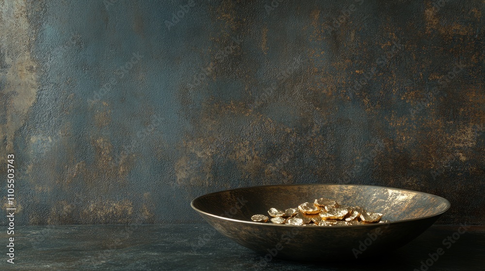 Natural gold nuggets in a heavy, handcrafted bowl set against a dark industrial surface, showcasing raw and unrefined prosperity Natural gold nuggets in a heavy, handcrafted bowl set against a dark industrial surface, showcasing raw and unrefined prosperity
