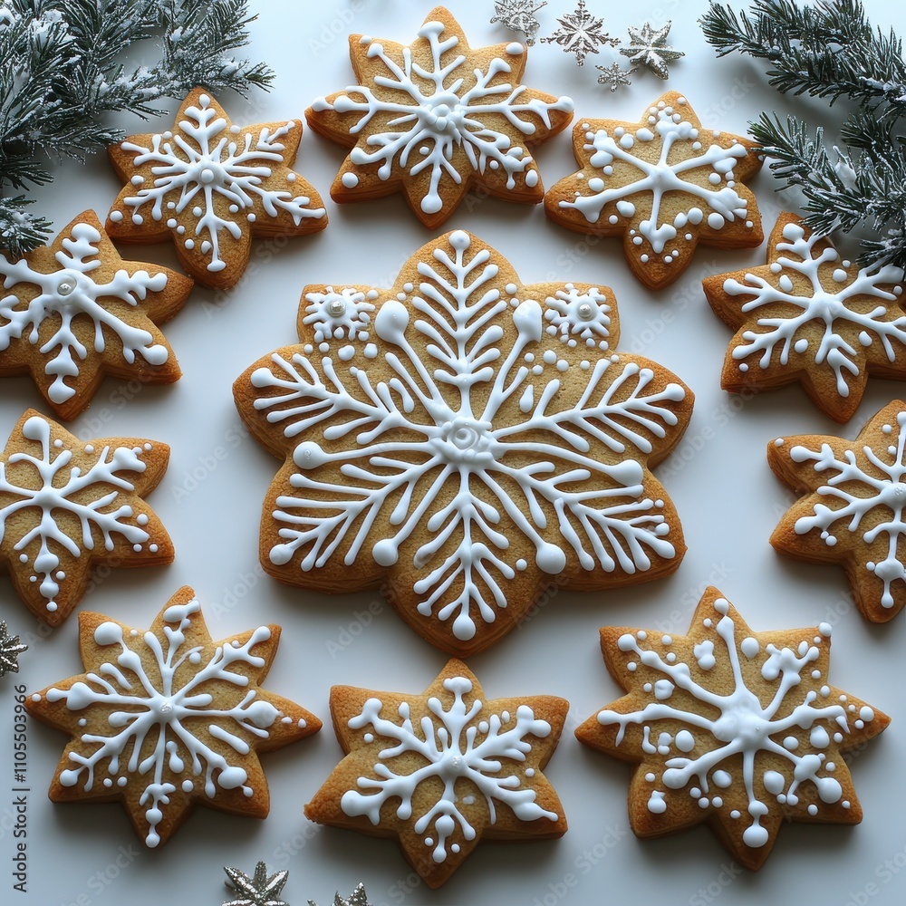 Intricate snowflake cookies with decorative icing patterns and star-shaped cookies against a simple white background Intricate snowflake cookies with decorative icing patterns and star-shaped cookies against a simple white background