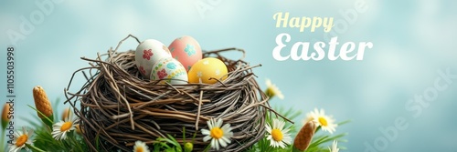 Colorful Easter eggs nestled in a decorative nest with daisies celebrating the spring holiday in a joyful scene photo