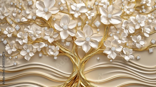 Luxury golden tree with white flowers, diamonds. Ornate 3D floral design on beige background. High quality wallpaper. Elegant, luxurious, ideal for modern homes, luxurious interior decoration.