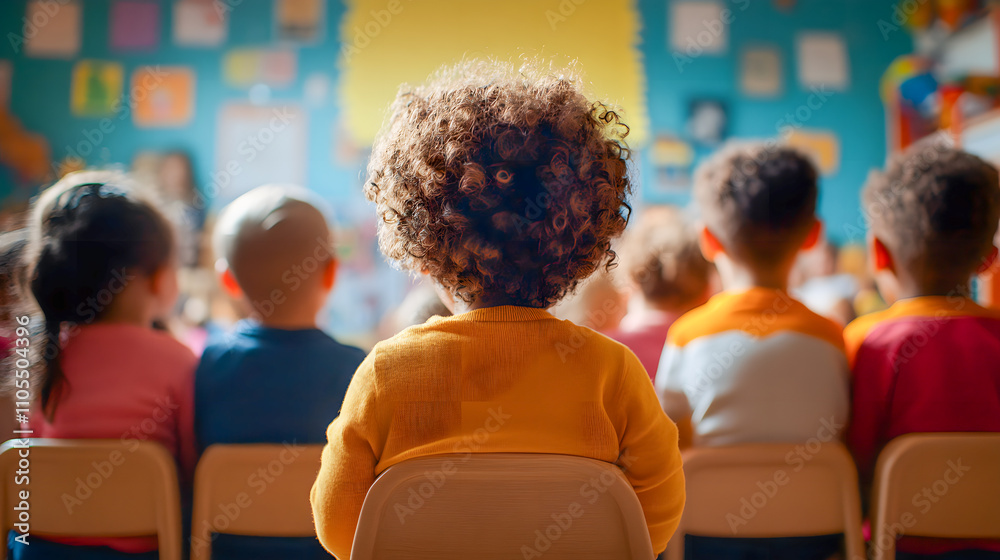 Mixed Race Group Of Toddlers Sitting In Classroom And Looking In Awe At Their Teacher. Mixed Race Group Of Toddlers Sitting In Classroom And Looking In Awe At Their Teacher.