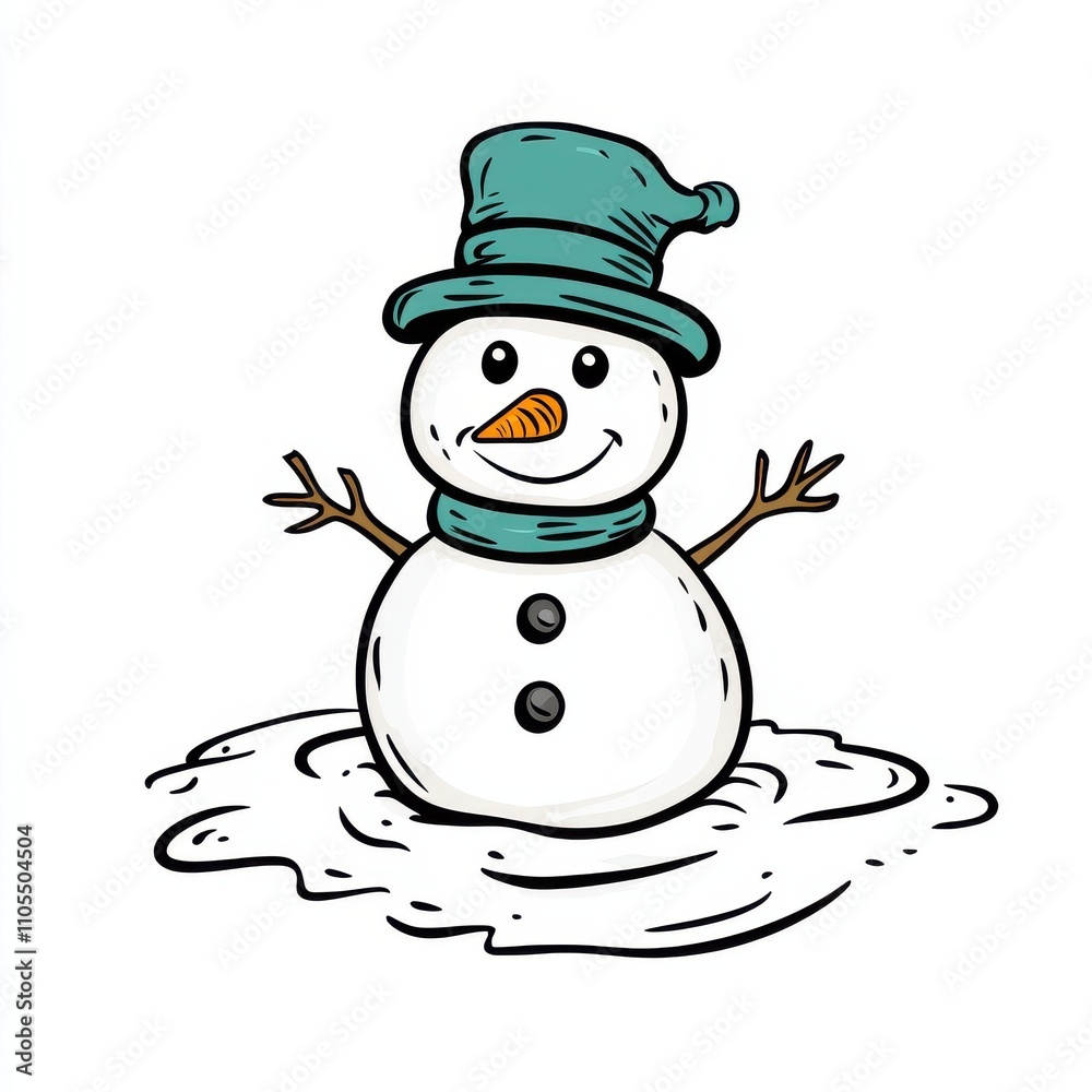 Vector-style illustration showing the melting remains of a snowman with a carrot nose and coal eyes on a white background Vector-style illustration showing the melting remains of a snowman with a carrot nose and coal eyes on a white background