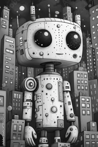 illustration robots bizarre rigolo, étrange, fun, dessin, mignon, tout-petits, adorable, joli, fun, robotique, androïde
