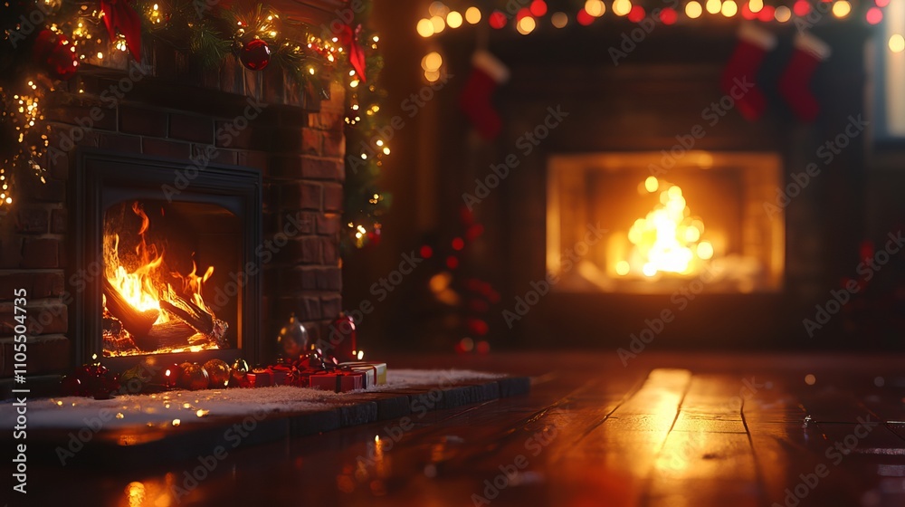 Celebrate the magic of Christmas with this enchanting fireplace scene. The warm glow of the fire and twinkling lights illuminate a festive backdrop, creating a cozy and inviting atmosphere