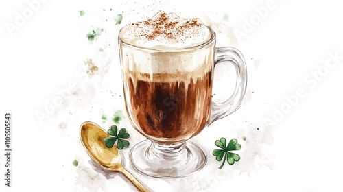 Illustration watercolor creamy Irish coffee holiday st patrick's day alcoholic drink beverage with lucky gold coins drawing painting	
