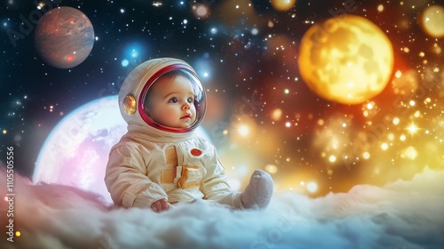 A cute baby dressed in a tiny astronaut suit, sitting on a glowing moon with a backdrop of stars and planets, colorful and fantastical space theme, 16:9 photo