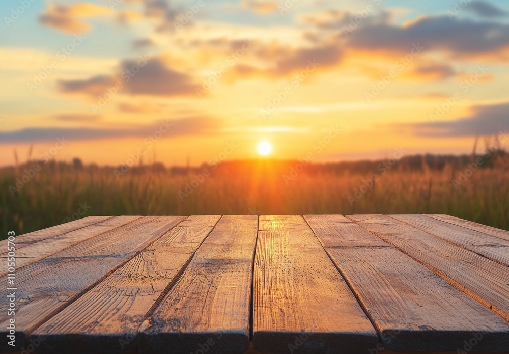 Empty wooden table top with a blurred meadow Empty wooden table top with a blurred meadow