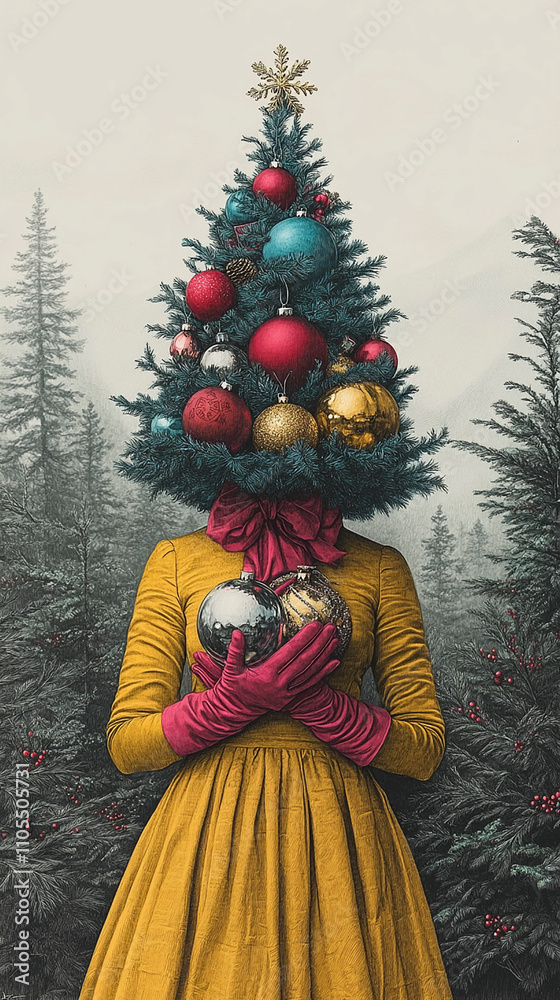 Beautiful lady with Christmas tree with balls on her head Beautiful lady with Christmas tree with balls on her head