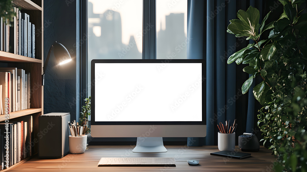 Fototapeta premium Modern home office setup with PC on a desk, bookshelf, blank white screen mock-up, and dark wall background near a window