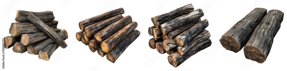 Old wood logs isolated on transparent background, Set of Old wood logs isolated on transparent background, Set of