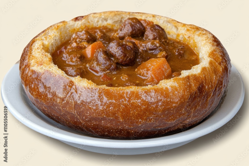 A hearty gumbo served in a bread bowl, showcasing a comforting meal.