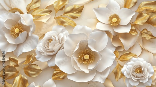 High-quality AI-generated mural wallpaper design with 3D flowers in cream, gold. Decorative pattern created for interior design. Elegant flowers with gold accents. Suitable for home decor or wall art.