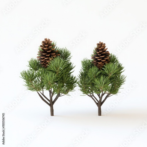 Two small evergreen bushes with pine cones on top, against1