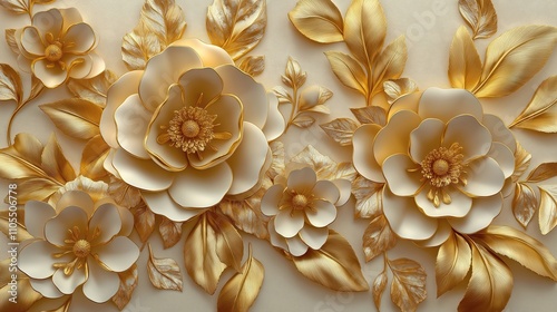 Luxury floral design wallpaper in cream, gold. 3D effect creates volumetric flowers, leaves. Elegant decor. High quality AI generated image. Perfect for interior design. Beautiful wall decor.