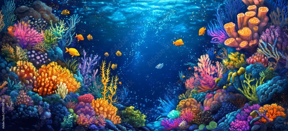 Naklejka premium Vibrant Coral Reef Underwater Scene Ocean Life Tropical Fish Bioluminescent Coral Marine Wildlife