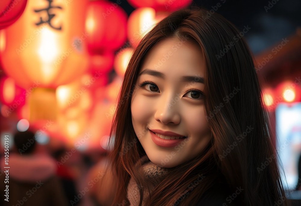 Beautiful Asian Woman Smiling Lantern Festival Night Lights Beautiful Asian Woman Smiling Lantern Festival Night Lights