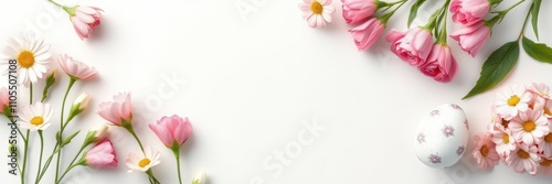 Spring flowers decorate a white background with delicate petals and a decorative egg for a festive and cheerful atmosphere