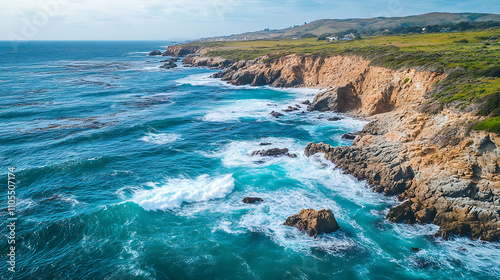 The ocean is calm and the shoreline is rocky