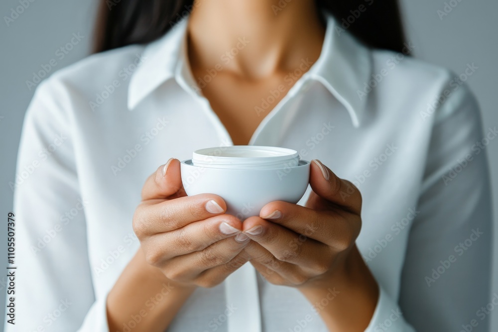 A woman in a white blouse delicately holds a jar of cream, showcasing a skincare product with tranquility and grace, focusing on beauty and self-care themes. A woman in a white blouse delicately holds a jar of cream, showcasing a skincare product with tranquility and grace, focusing on beauty and self-care themes.