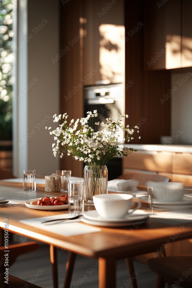 A cozy dining area flaunts a wooden table elegantly set with plates and glasses, complemented by a vase of white flowers, capturing warmth and hospitality under gentle sunlight. A cozy dining area flaunts a wooden table elegantly set with plates and glasses, complemented by a vase of white flowers, capturing warmth and hospitality under gentle sunlight.