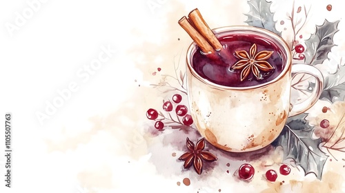 Illustration watercolor hot mulled wine cinnamon sticks holiday christmas winter alcoholic drink beverage drawing painting	
