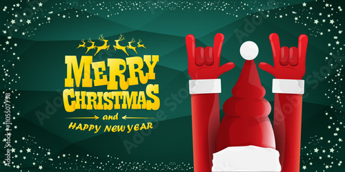 Merry christmas horizontal banner with Santa Claus rock n roll style and santa red hat isolated on green background with stars. Merry Christmas hipster Rock n roll party poster, flyer design template.