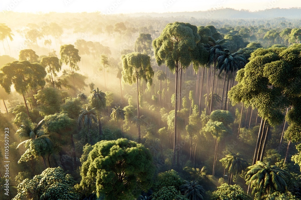 Fototapeta premium Lush and Verdant Tropical Rainforest Landscape with Sunlight Filtering Through the Canopy