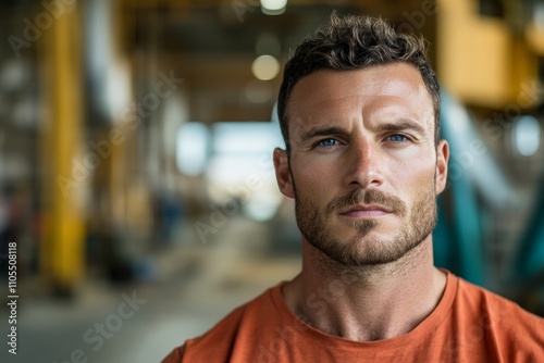 A man in an orange shirt stands in an industrial setting, exuding strength and focus as he gazes towards the camera, representing determination and resilience.