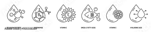 Collagen, niacinamide, vitamin E and C, omega-3 fatty acids and hyaluronic acid line icons