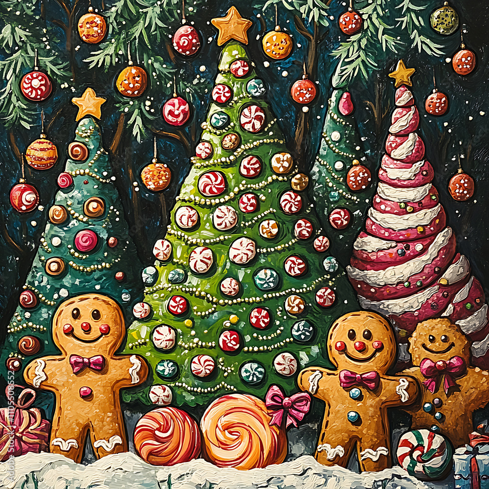 Delightful Christmas scene featuring decorated trees, gingerbread men, and colorful candy. festive atmosphere is enhanced by vibrant ornaments and sweet treats Delightful Christmas scene featuring decorated trees, gingerbread men, and colorful candy. festive atmosphere is enhanced by vibrant ornaments and sweet treats