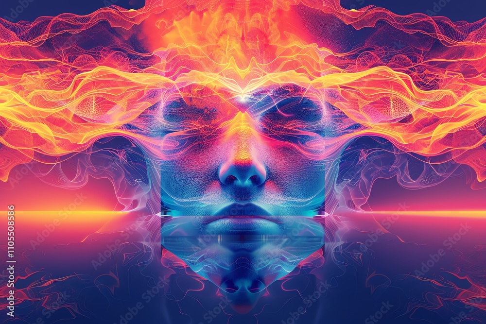 Obraz premium Fiery, ethereal face emerges from vibrant smoke, reflecting in still water.