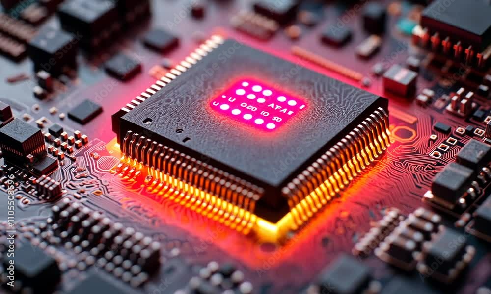 Close-up of a microprocessor on a circuit board with glowing lights. Close-up of a microprocessor on a circuit board with glowing lights.
