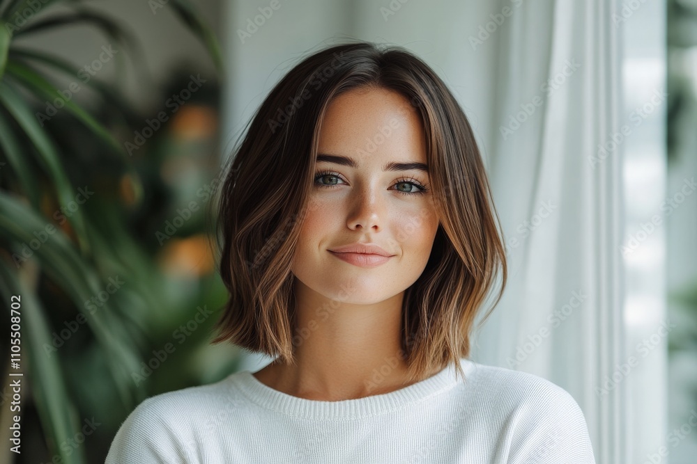 A young woman with stylish short hair smiles gently, framed by soft natural light, creating an inviting and relaxed atmosphere in the bright, airy room.
