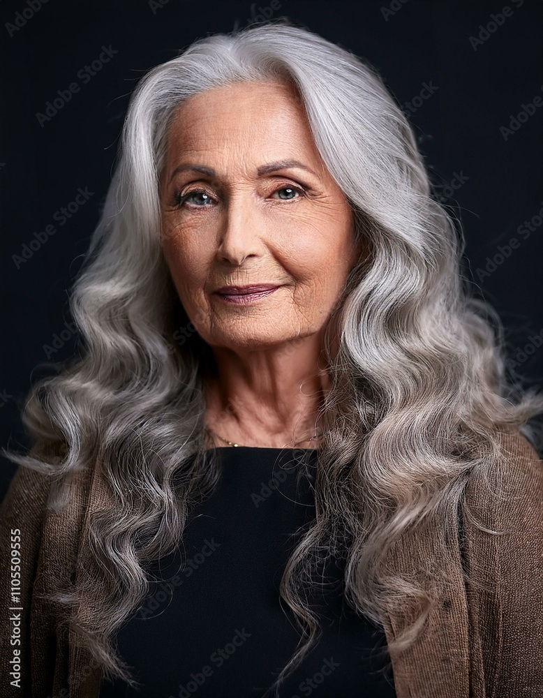 Beautiful old woman with long curly hair on a dark background Beautiful old woman with long curly hair on a dark background
