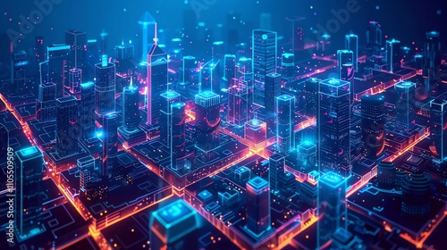 Futuristic cityscape with neon lights and digital structures.