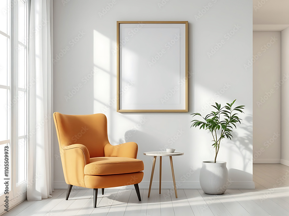 Minimalist, japandi interior design of modern living room featuring a cozy armchair against window and blank frame Minimalist, japandi interior design of modern living room featuring a cozy armchair against window and blank frame