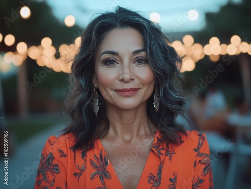 An elegant woman wearing a vibrant orange dress stands with a radiant smile, surrounded by softly glowing lights in a festive outdoor evening setting. photo