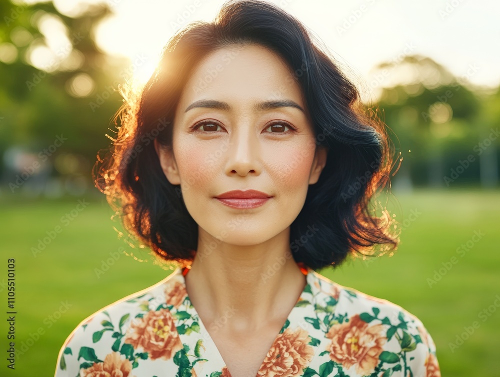A cheerful woman in a floral dress, glowing in sunlight, stands amidst lush greenery, her smile radiating joy and vitality in this vibrant outdoor scene. A cheerful woman in a floral dress, glowing in sunlight, stands amidst lush greenery, her smile radiating joy and vitality in this vibrant outdoor scene.
