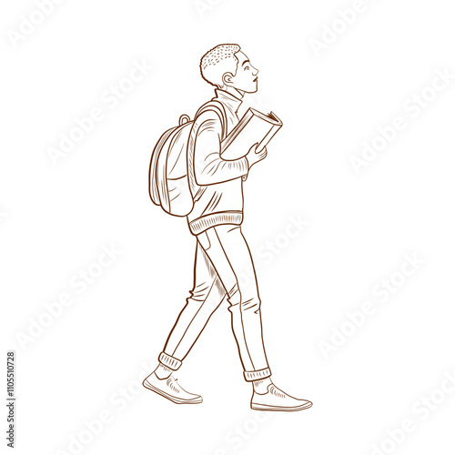 Vector Arabic man student male with book walking line art illustration, graphic line studying learning process. Education concept. Great for any designs, textile, art, walls, package