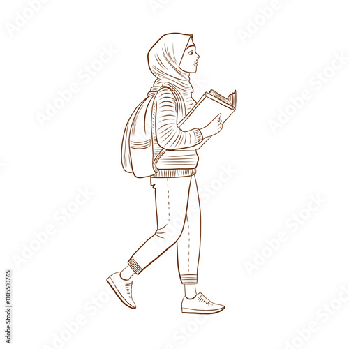 Vector Arabic woman student female with book walking line art illustration, graphic line studying learning process. Education concept. Great for any designs, textile, art, walls, package