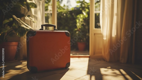 A vibrant orange suitcase sits by an open door, inviting an atmosphere of travel and adventure. photo