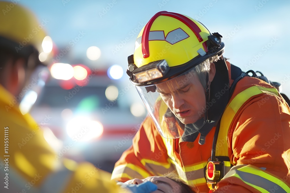 Devoted Paramedic Administering First Aid at Emergency Accident Scene Devoted Paramedic Administering First Aid at Emergency Accident Scene