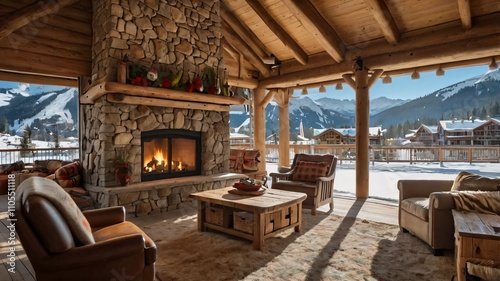 AI GENERATE, Christmas decor on a wooden cabin by a serene lake at sunset