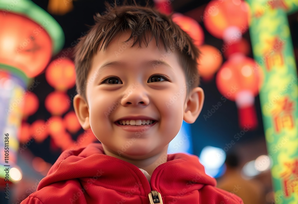 Happy Child Smiling Chinese New Year Lanterns Festive Celebration Happy Child Smiling Chinese New Year Lanterns Festive Celebration