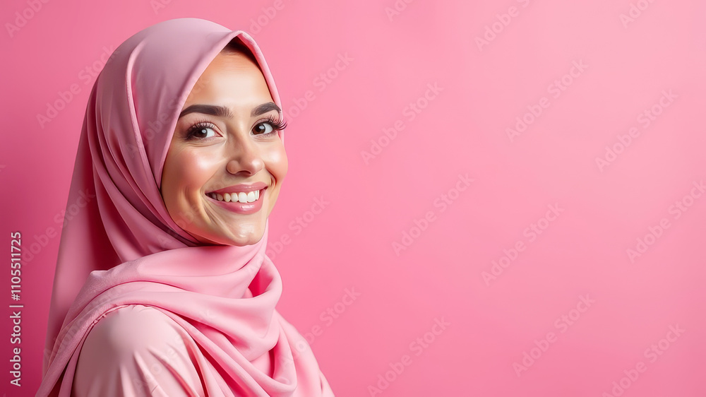 World Hijab Day. Beautiful arab young woman in hijab with charming look with radiant smile on pink background. Horizontal banner with free space for text World Hijab Day. Beautiful arab young woman in hijab with charming look with radiant smile on pink background. Horizontal banner with free space for text