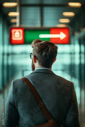 A man seen from the back, dressed in a smart coat, holding a suitcase in an airport terminal as he follows an arrow indicating his direction toward his journey. photo