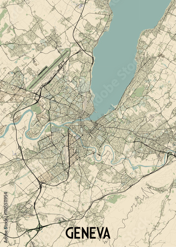 A detailed map of Geneva, Switzerland, showcasing the city's layout and surrounding areas. The map features a beige background with black lines representing roads and waterways.