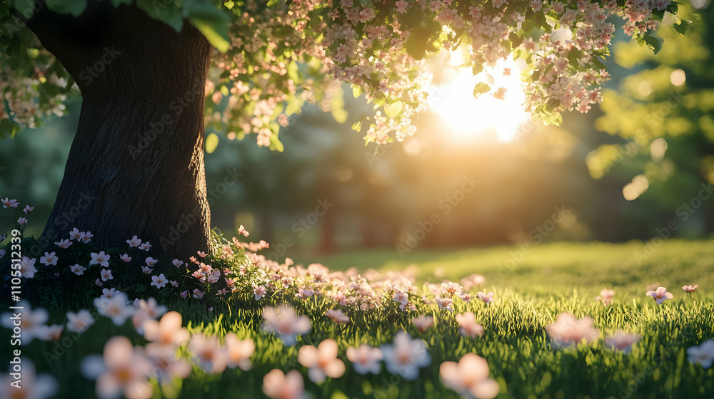 Obraz premium Springtime Meadow 3D Illustration: Blossoming Tree and Flowers