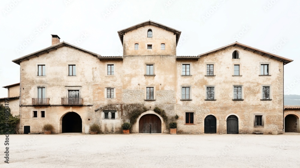 Rustic stone building with arched doorways, multiple windows, and a weathered facade surrounded by potted plants and open courtyard under a clear sky. Rustic stone building with arched doorways, multiple windows, and a weathered facade surrounded by potted plants and open courtyard under a clear sky.