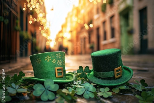 Green St Patricks Day hats, clovers on festive street. Festive atmosphere. Street scene. Festive decor. Holiday. Celebration. Irish. Party. Fun. Celebration decor. Festive spirit. Image for St photo